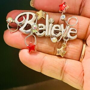 Vintage Silver Tone 'Believe' Brooch Pin with Red and Gold Stars